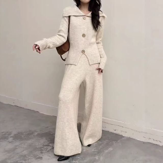 Wide-Collar Slit Knit Top Paired with Wide-Leg Trousers