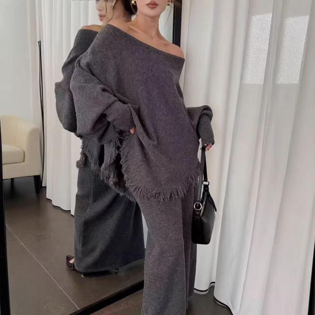 Boat-Neck Fringed Knit Set with High-Rise Maxi Skirt
