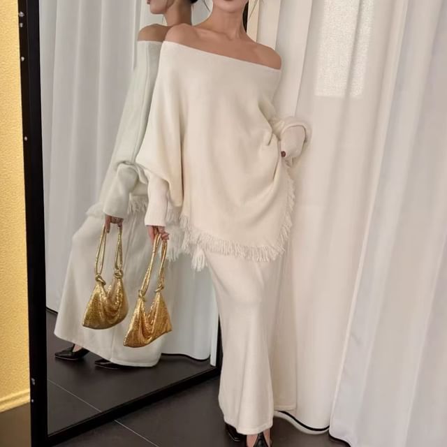 Boat-Neck Fringed Knit Set with High-Rise Maxi Skirt