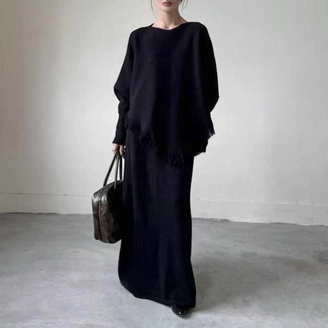 Boat-Neck Fringed Knit Set with High-Rise Maxi Skirt