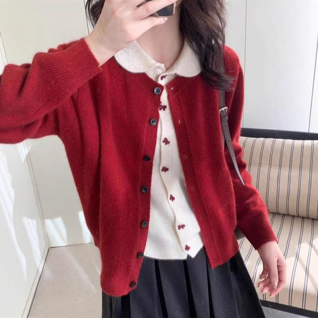 Mock Two-Piece Peter Pan Collar Two Tone Button-Up Cardigan