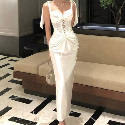 Spaghetti Strap V-Neck Lace Trim Cutout Ruched Satin Maxi Sheath Dress