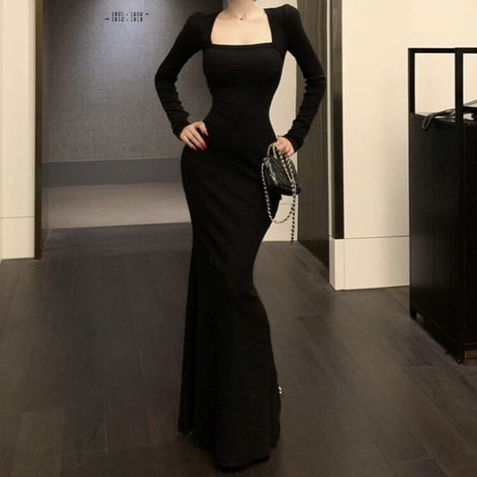 Long-Sleeve Square Neck Plain Maxi Mermaid Dress