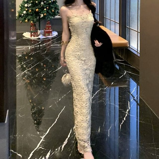 Spaghetti Strap Slit Lace Maxi Sheath Dress