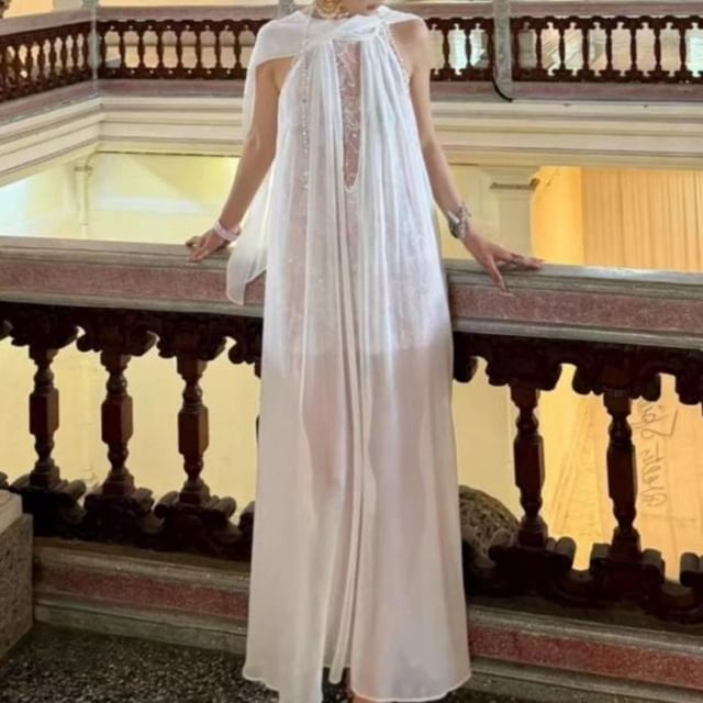 Halter Neck Lace Panel Sheer Maxi Tunic Dress