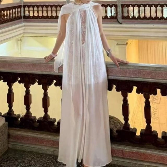 Halter Neck Lace Panel Sheer Maxi Tunic Dress