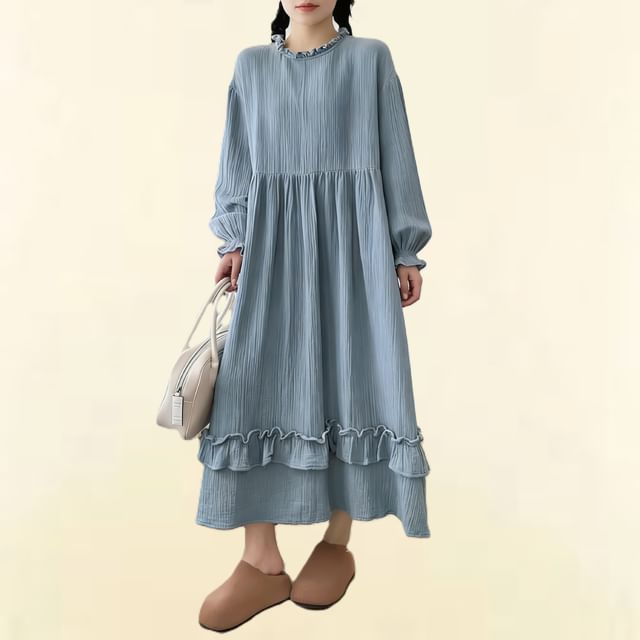 Long-Sleeve Round Neck Plain Ruffle Trim Maxi A-Line Dress