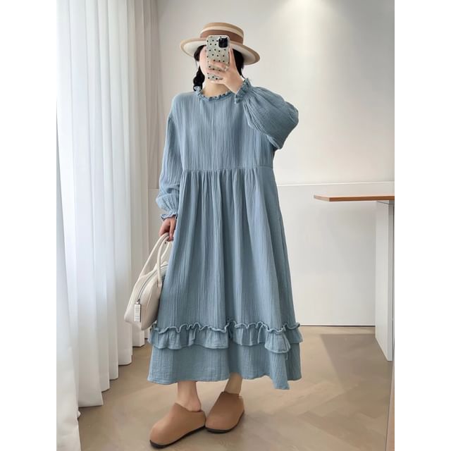 Long-Sleeve Round Neck Plain Ruffle Trim Maxi A-Line Dress