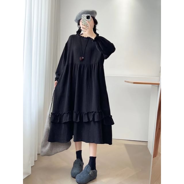 Long-Sleeve Round Neck Plain Ruffle Trim Maxi A-Line Dress