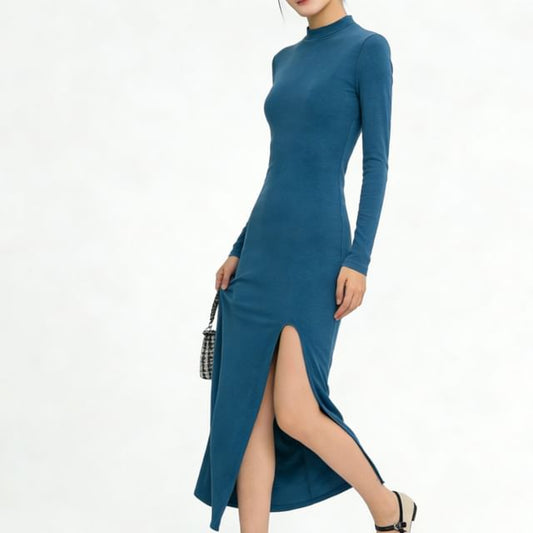 Long-Sleeve Mock Neck Slit Hem Plain Maxi Sheath Dress
