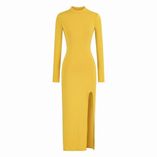 Long-Sleeve Mock Neck Slit Hem Plain Maxi Sheath Dress
