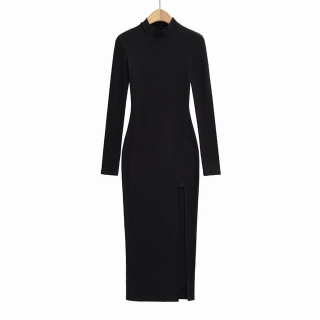 Long-Sleeve Mock Neck Slit Hem Plain Maxi Sheath Dress