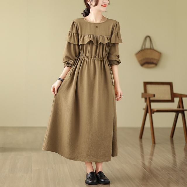 Long Sleeve Round Neck Plain Ruffle Maxi A-Line Dress