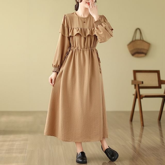 Long Sleeve Round Neck Plain Ruffle Maxi A-Line Dress