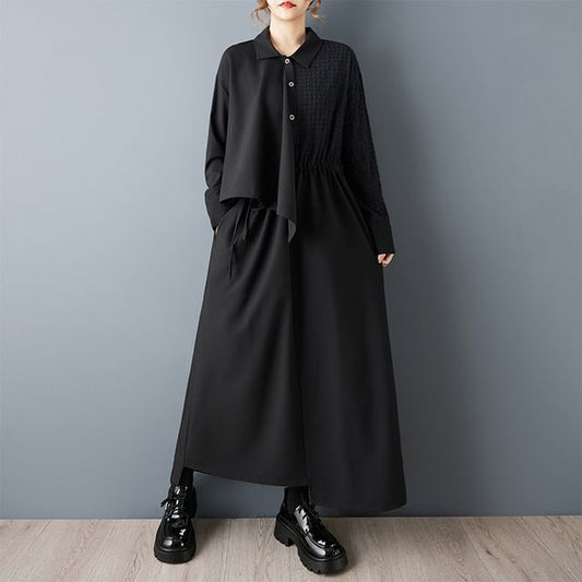 Long Sleeve Collared Plain Panel Asymmetrical Mock Two Piece Maxi A-Line Dress