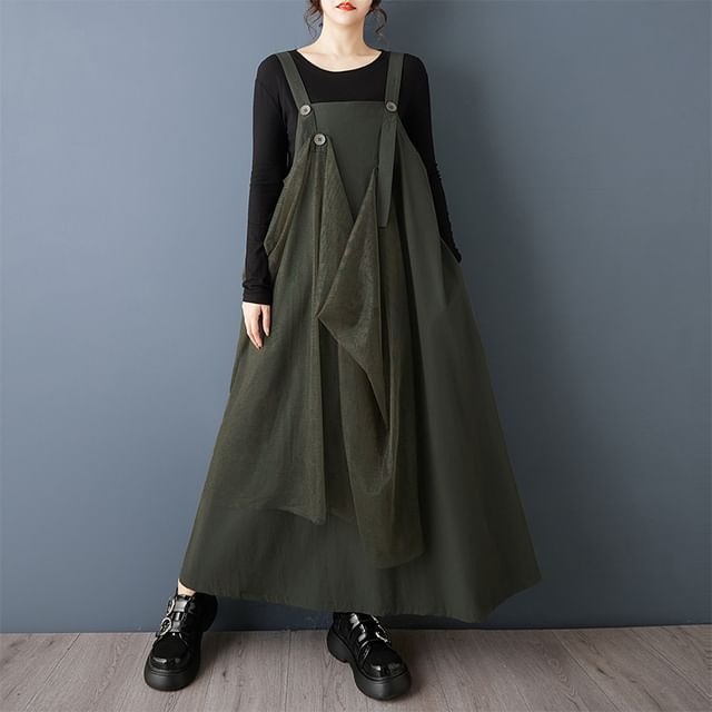 Plain Panel Mesh Maxi A-Line Overall Dress