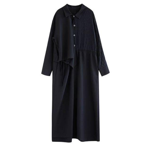 Long Sleeve Collared Plain Panel Asymmetrical Mock Two Piece Maxi A-Line Dress