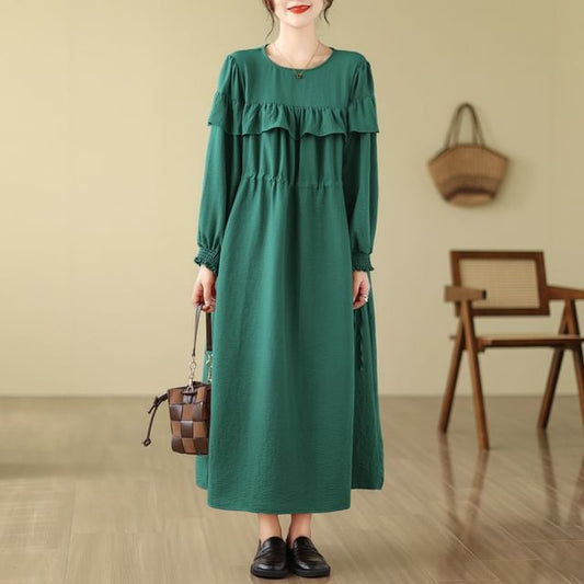 Long Sleeve Round Neck Plain Ruffle Maxi A-Line Dress