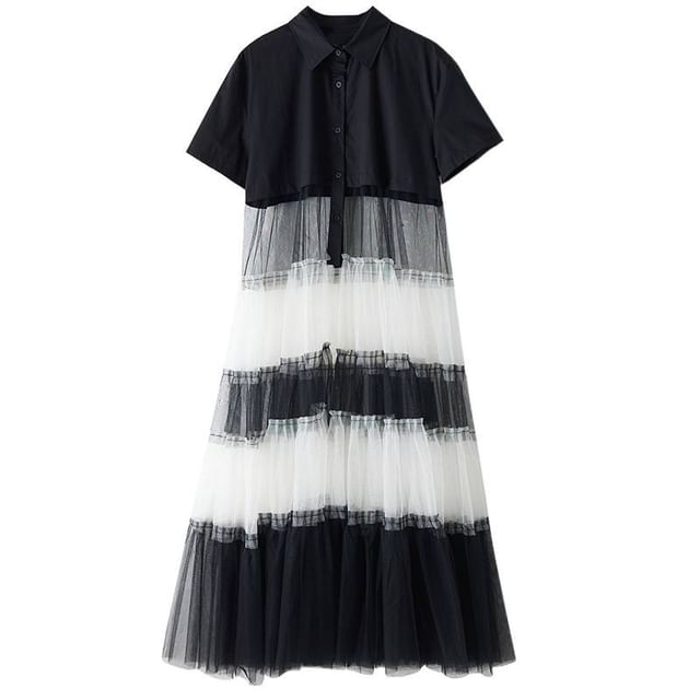Short Sleeve Collared Two Tone Tiered Panel Mesh Maxi A-Line Shirt Dress
