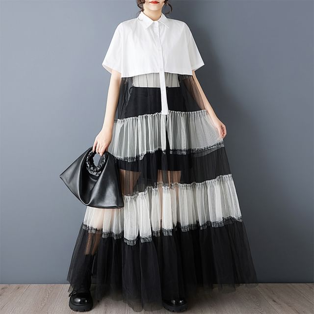 Short Sleeve Collared Two Tone Tiered Panel Mesh Maxi A-Line Shirt Dress