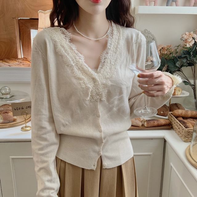 V-Neck Plain Lace Trim Button Up Cardigan