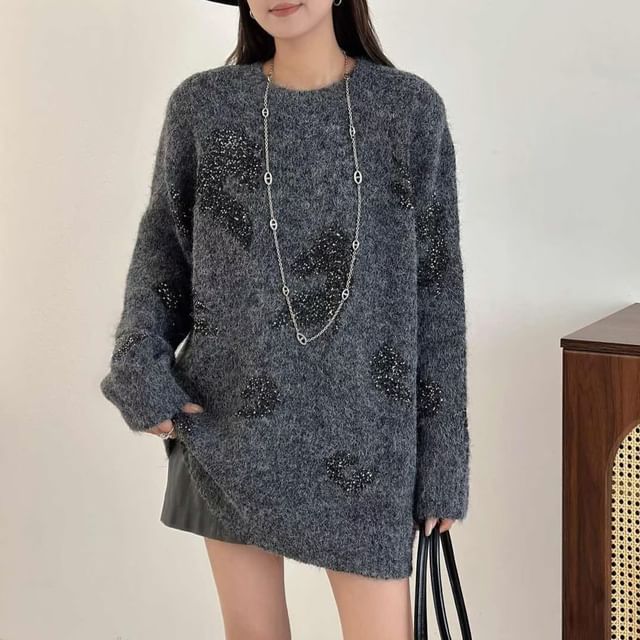 Glittering Crewneck Sweater with All-Over Shine