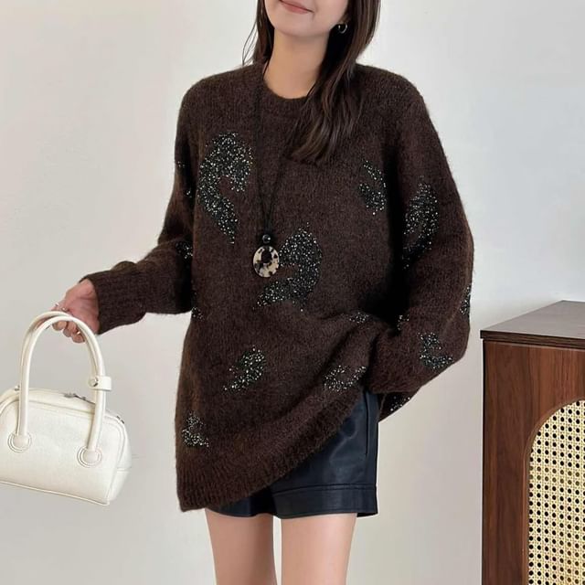 Glittering Crewneck Sweater with All-Over Shine