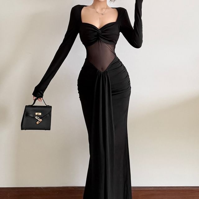 Long-Sleeve Sweetheart Neckline Sheer Panel Maxi Mermaid Dress