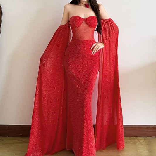 Off Shoulder Glitter Maxi Mermaid Dress