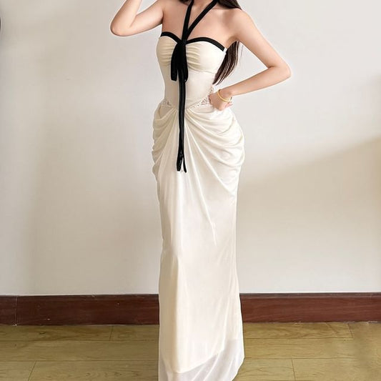 Halter Neck Contrast Trim Maxi Sheath Dress
