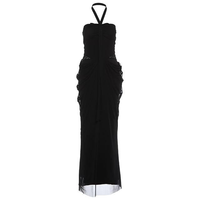Halter Neck Contrast Trim Maxi Sheath Dress