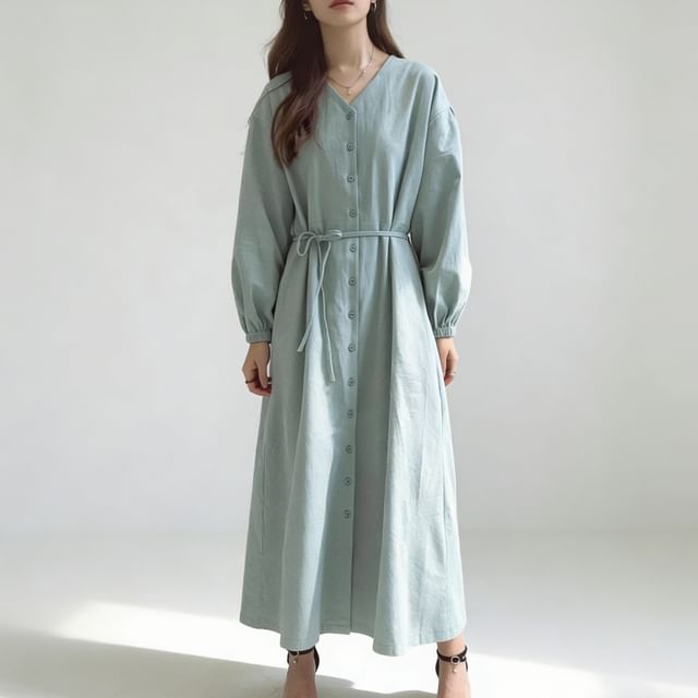 Long Sleeve V-Neck Plain Button Tie-Waist Maxi A-Line Dress