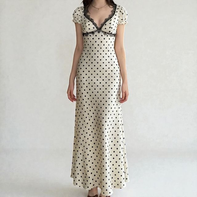 Puff Sleeve V-Neck Lace-Trim Dotted Open-Back Slim-Fit Maxi Bodycon Dress