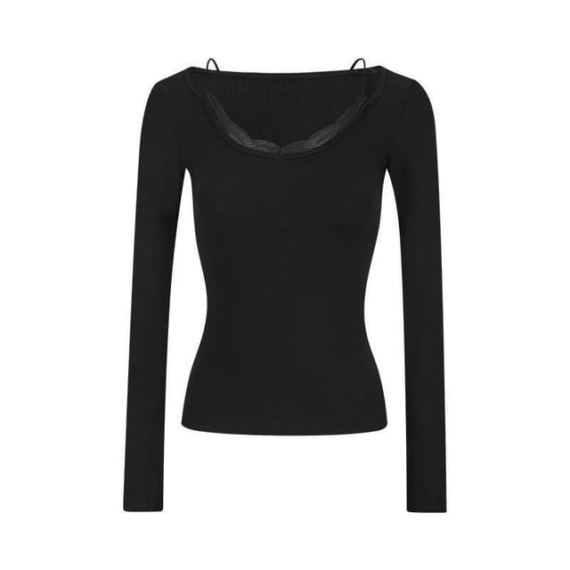 Slim Fit Lace Panel V-Neck Tee with Mock Two-Piece Design