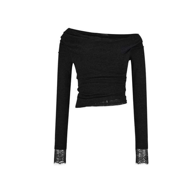 Off-Shoulder Crop Top with Ruched Lace Panel and Long Sleeves