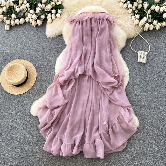 Strapless Plain Ruffle Hem Maxi A-Line Dress