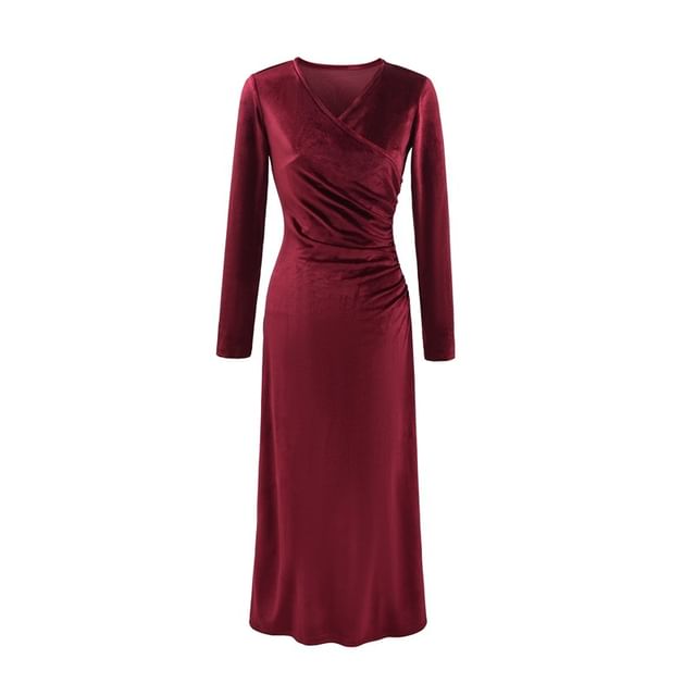 Long Sleeve V-Neck Plain Ruched Velvet Maxi A-Line Wrap Dress