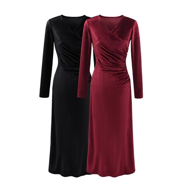 Long Sleeve V-Neck Plain Ruched Velvet Maxi A-Line Wrap Dress