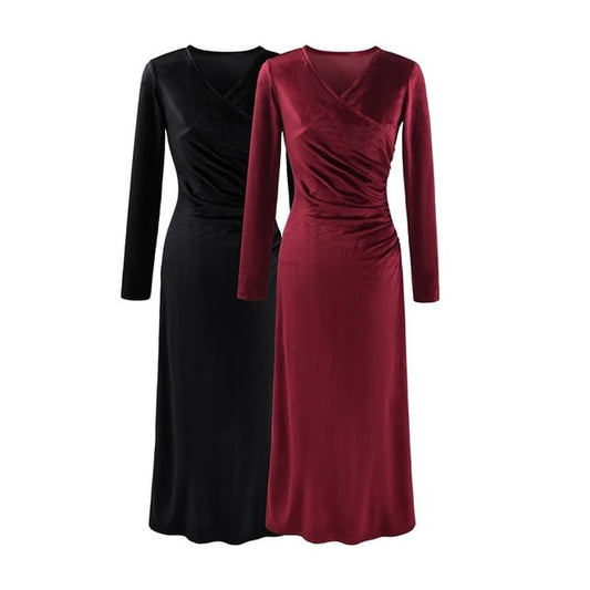 Long Sleeve V-Neck Plain Ruched Velvet Maxi A-Line Wrap Dress
