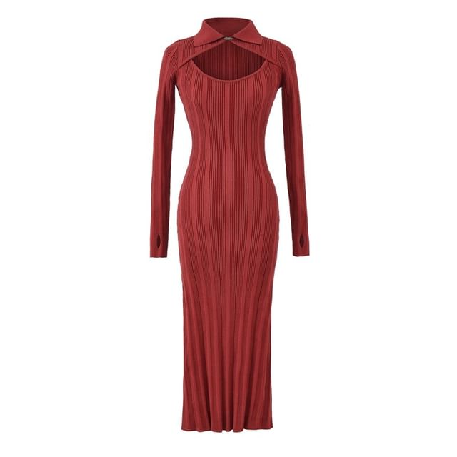 Long Sleeve Collared Plain Cutout Ribbed Knit Maxi Sheath Dress