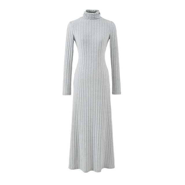 Long Sleeve Mock Neck Plain Ribbed Maxi A-Line Dress