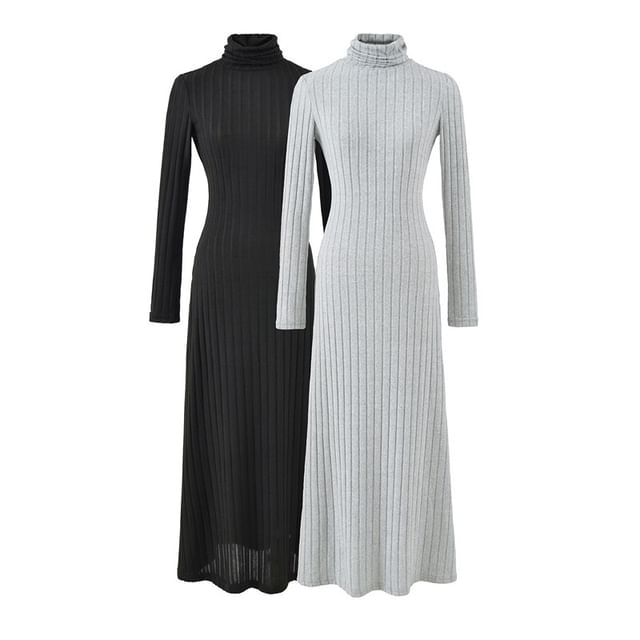 Long Sleeve Mock Neck Plain Ribbed Maxi A-Line Dress