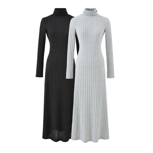Long Sleeve Mock Neck Plain Ribbed Maxi A-Line Dress
