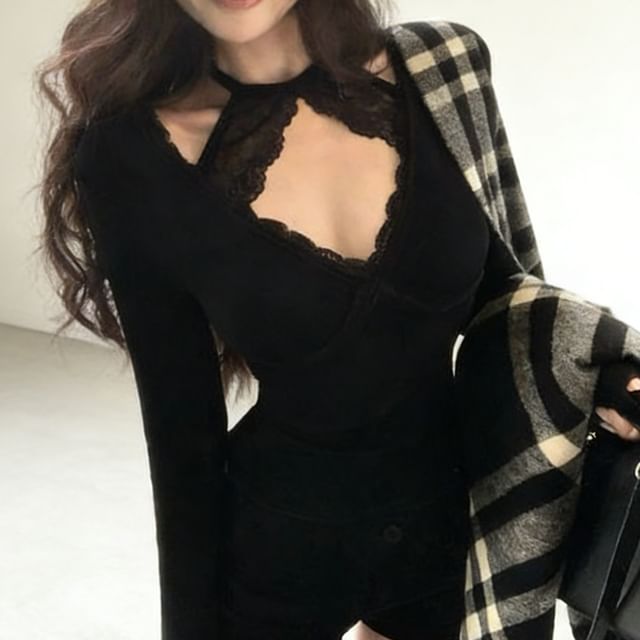 Plain V-Neck Tee with Lace Trim and Long Sleeves