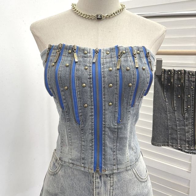 Multi-Zipper Studded Denim Strapless Corset