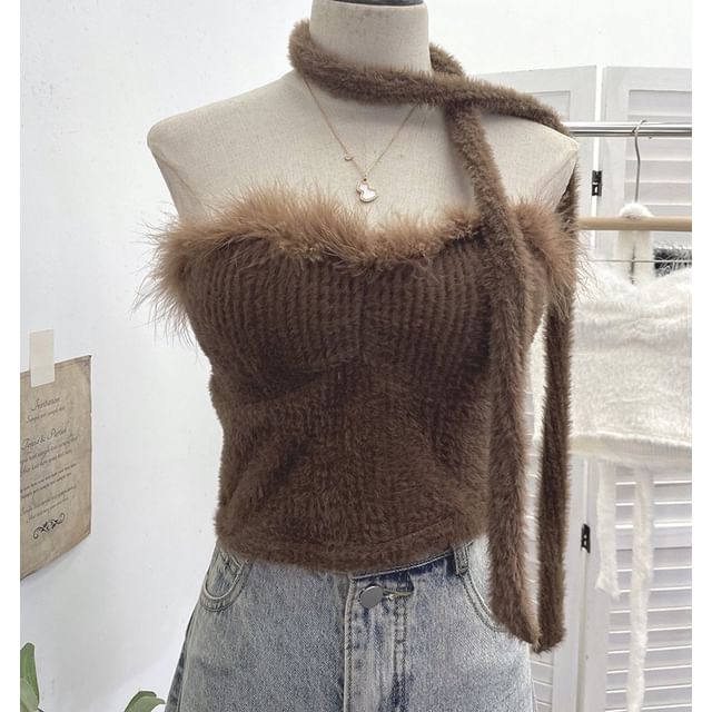 Set: Strapless Fluffy Trim Tube Top & Light Scarf