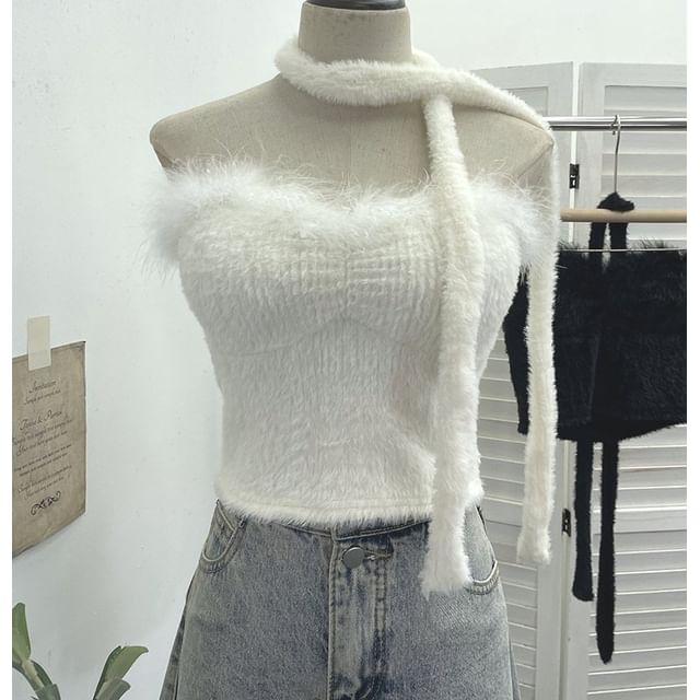 Set: Strapless Fluffy Trim Tube Top & Light Scarf