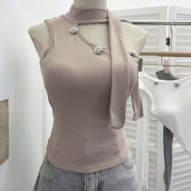 Asymmetrical Mock Neck Sleeveless Top