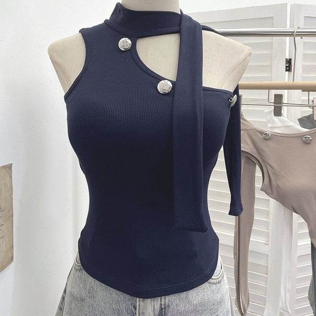 Asymmetrical Mock Neck Sleeveless Top