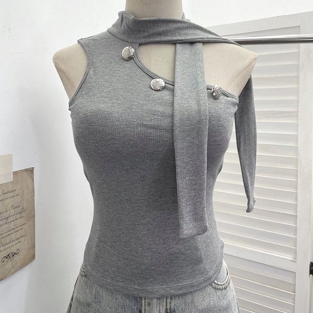 Asymmetrical Mock Neck Sleeveless Top